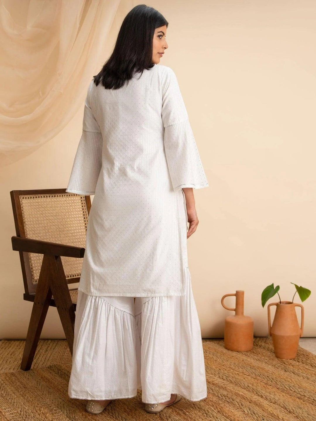 White Woven Design Cotton Kurta - ShopLibas