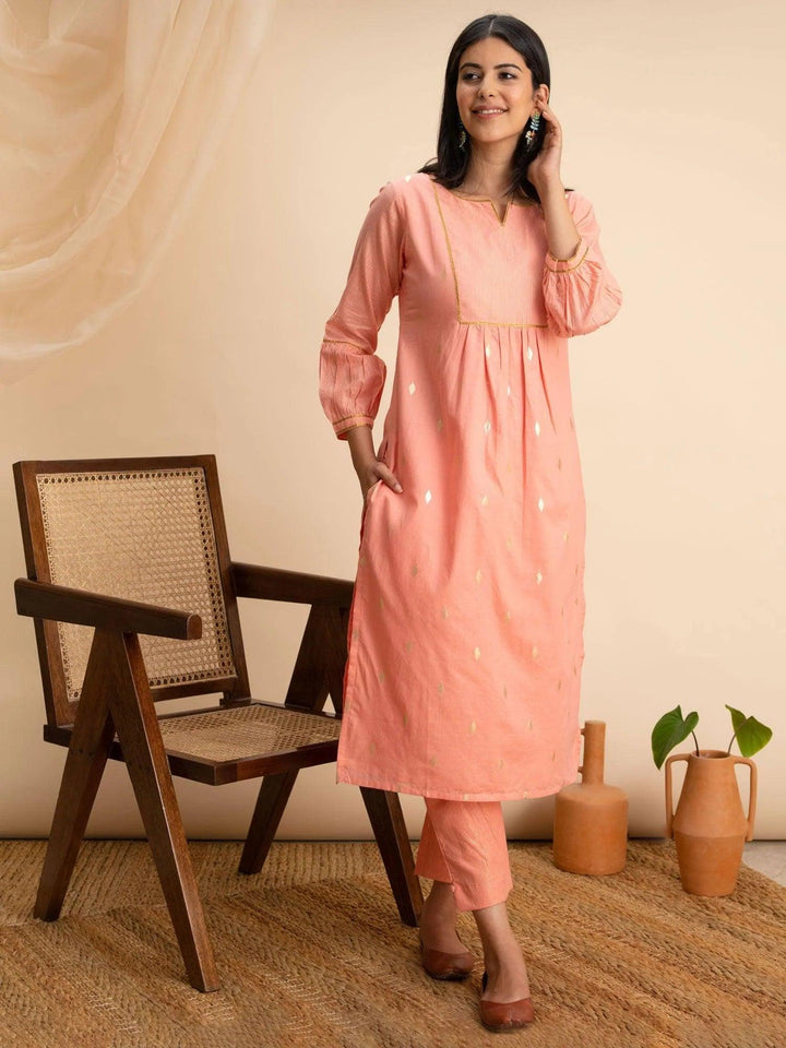 Peach Woven Design Cotton Kurta