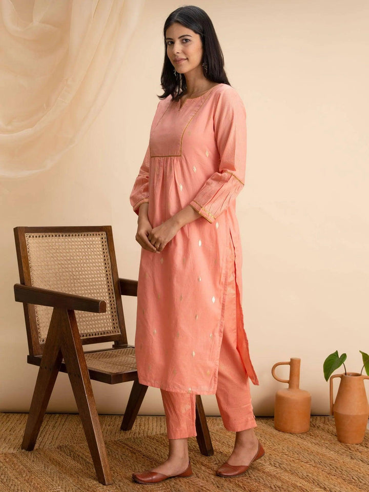 Peach Woven Design Cotton Kurta