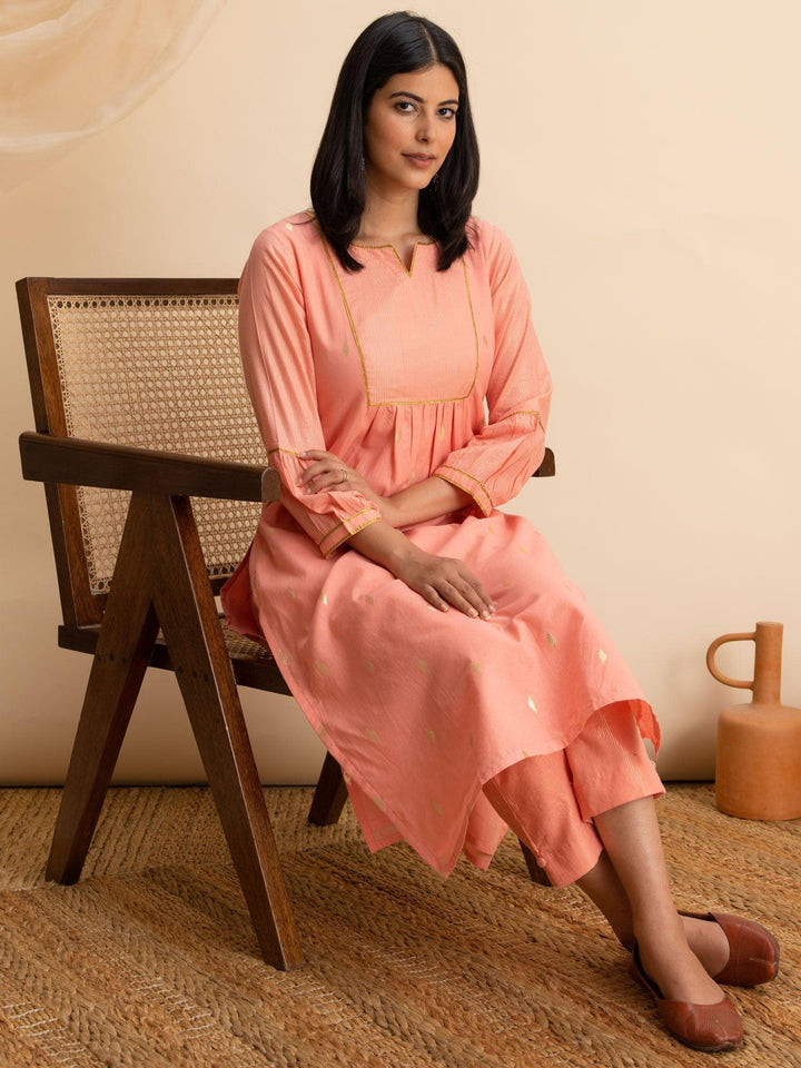 Peach Woven Design Cotton Kurta