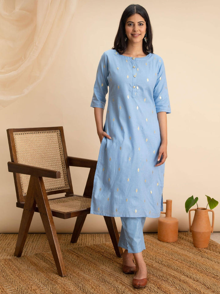 Blue Woven Design Cotton Kurta