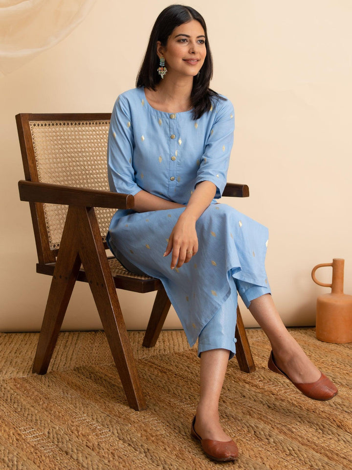 Blue Woven Design Cotton Kurta