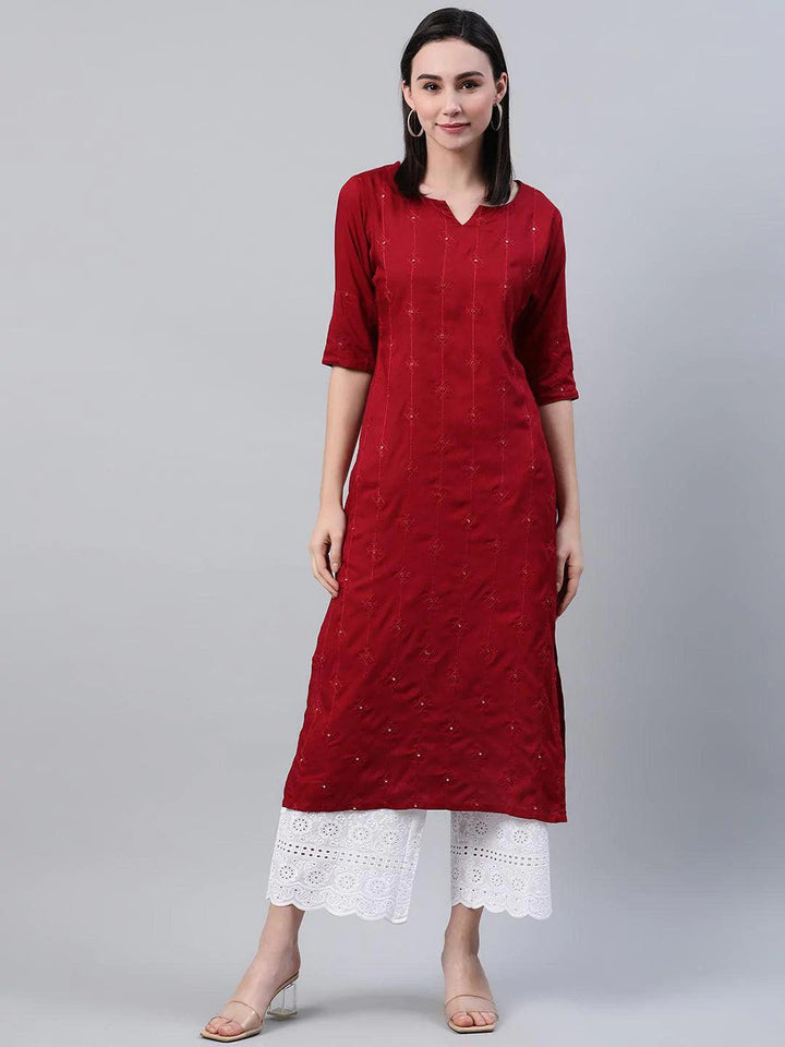 Maroon Embroidered Rayon Kurta
