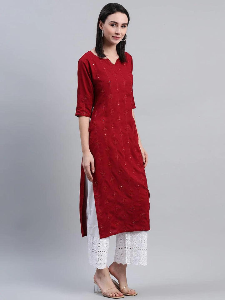 Maroon Embroidered Rayon Kurta