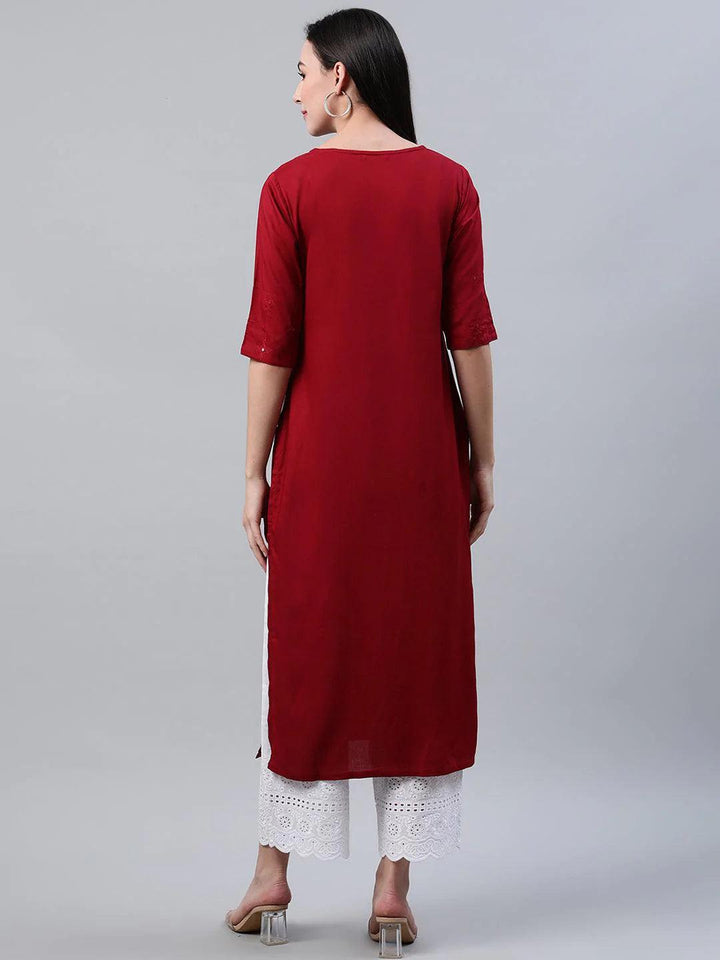 Maroon Embroidered Rayon Kurta