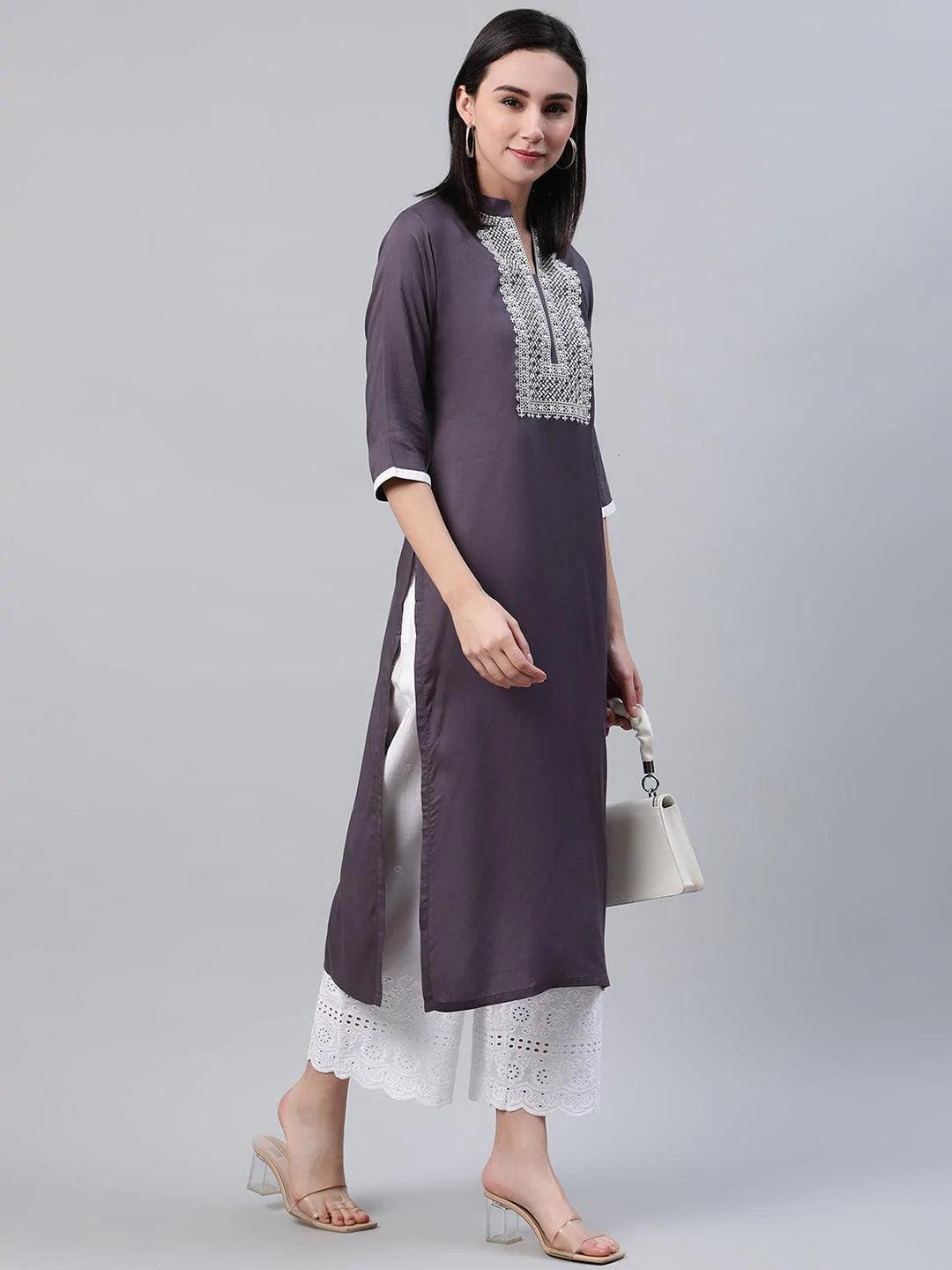 Grey Solid Rayon Kurta - ShopLibas