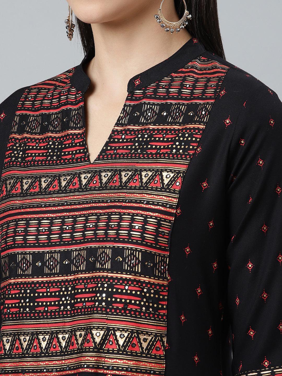 Black Printed Rayon Kurta - ShopLibas