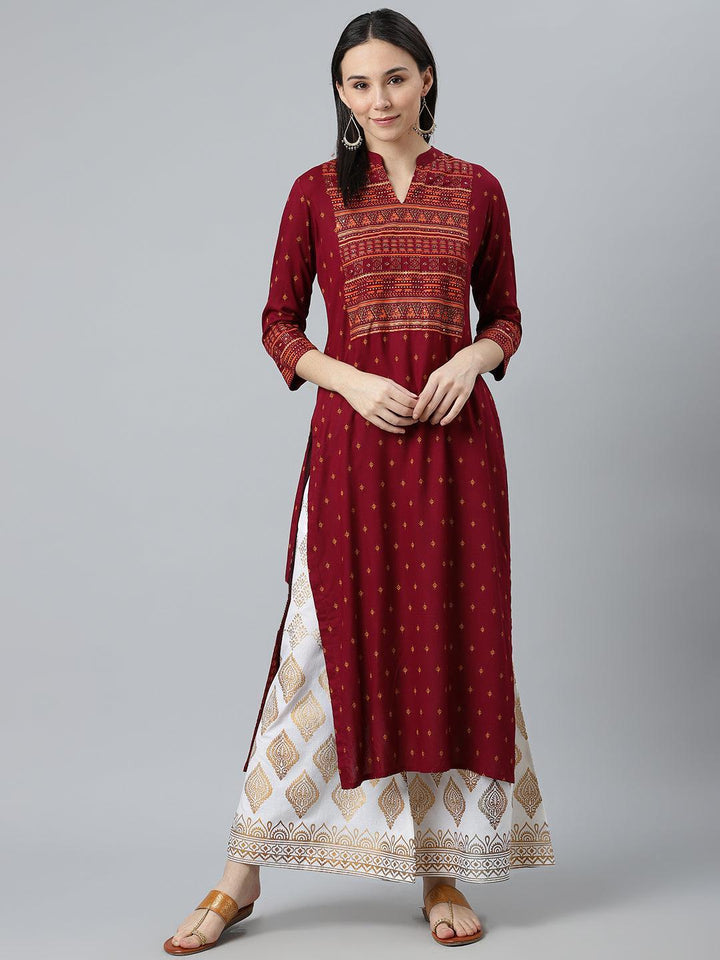 Maroon Printed Rayon Kurta