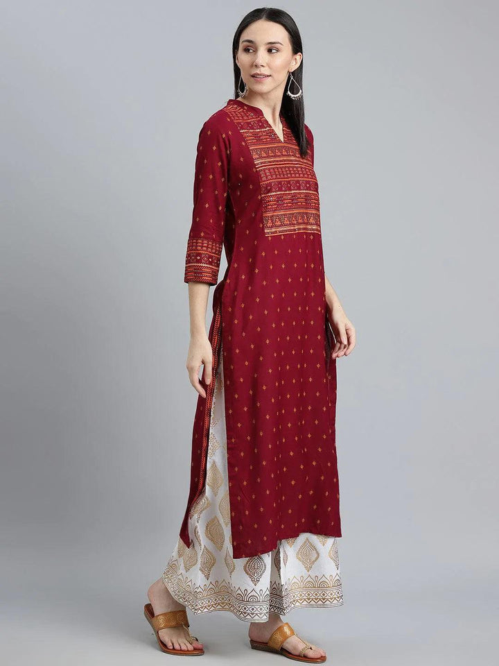 Maroon Printed Rayon Kurta