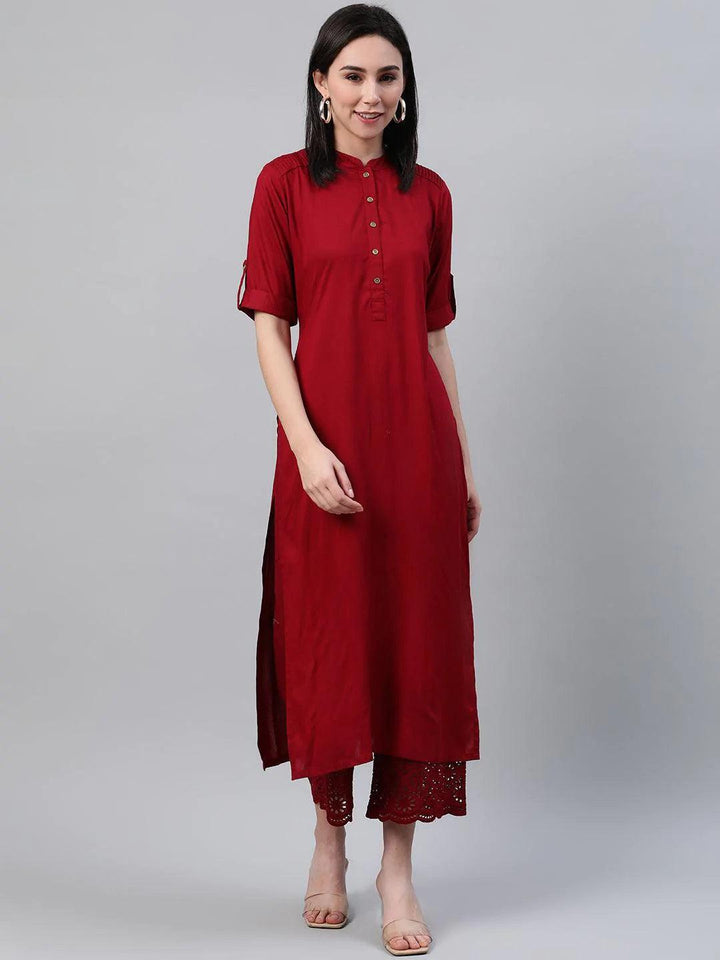 Maroon Solid Rayon Kurta