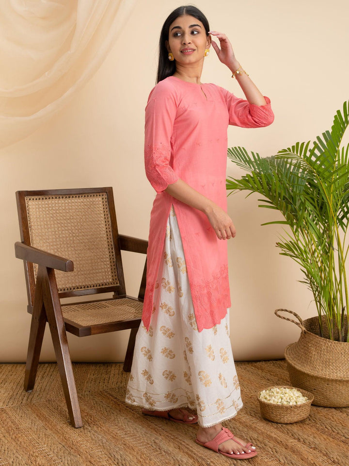 Pink Embroidered Cotton Kurta