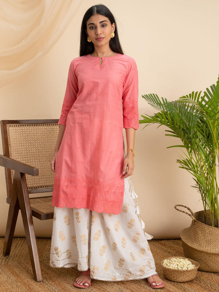 Pink Embroidered Cotton Kurta