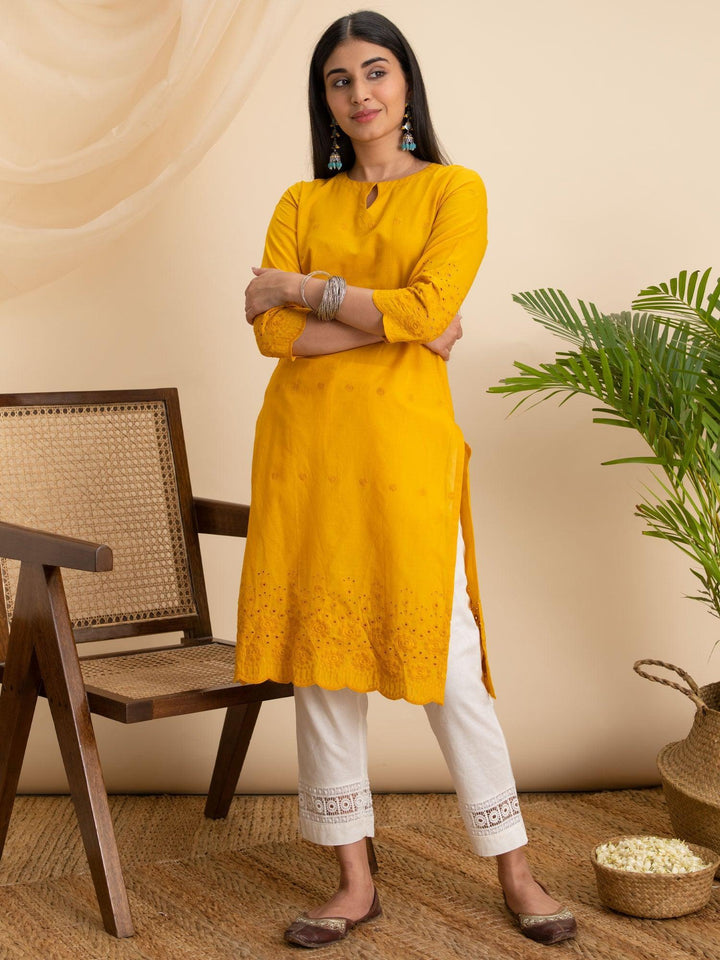 Yellow Embroidered Cotton Kurta