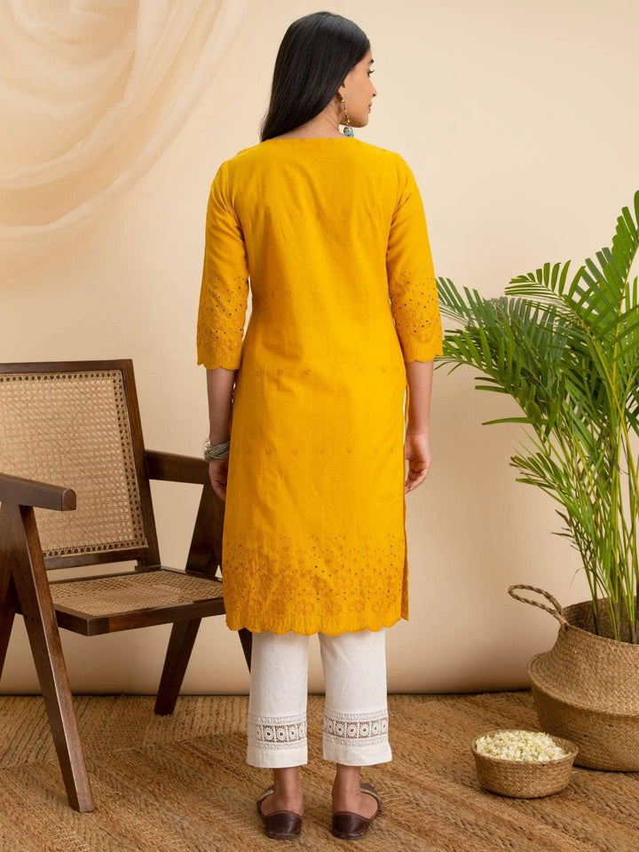 Yellow Embroidered Cotton Kurta