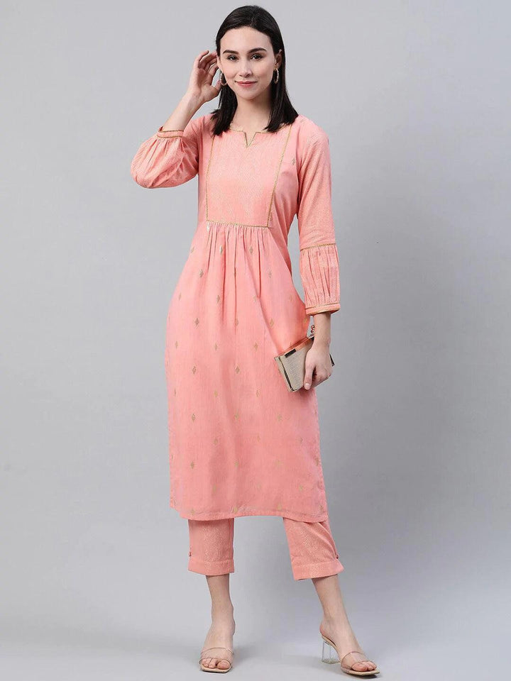 Peach Self Design Cotton Trousers