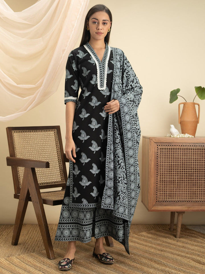 Black Printed Cotton Suit Set