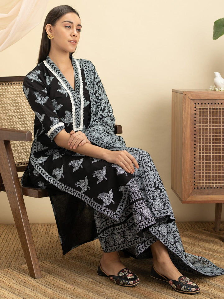 Black Printed Cotton Suit Set