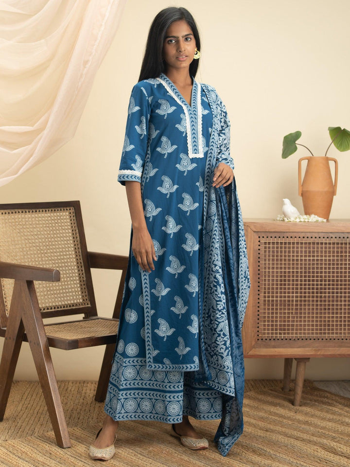 Blue Printed Cotton Suit Set