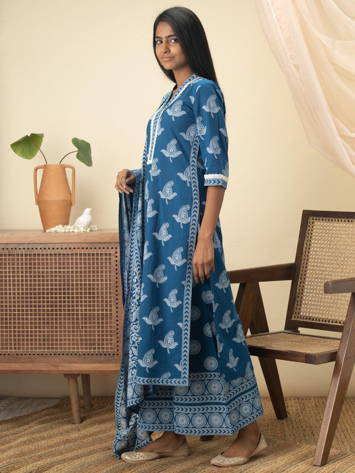 Blue Printed Cotton Suit Set