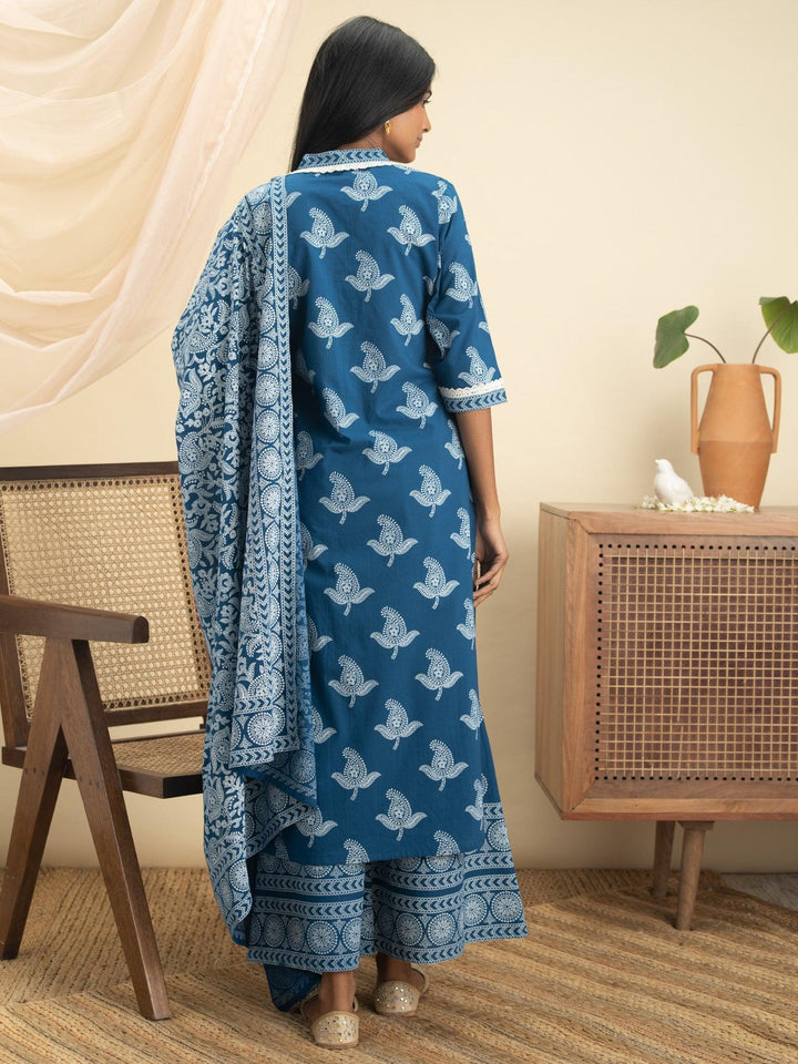 Blue Printed Cotton Suit Set
