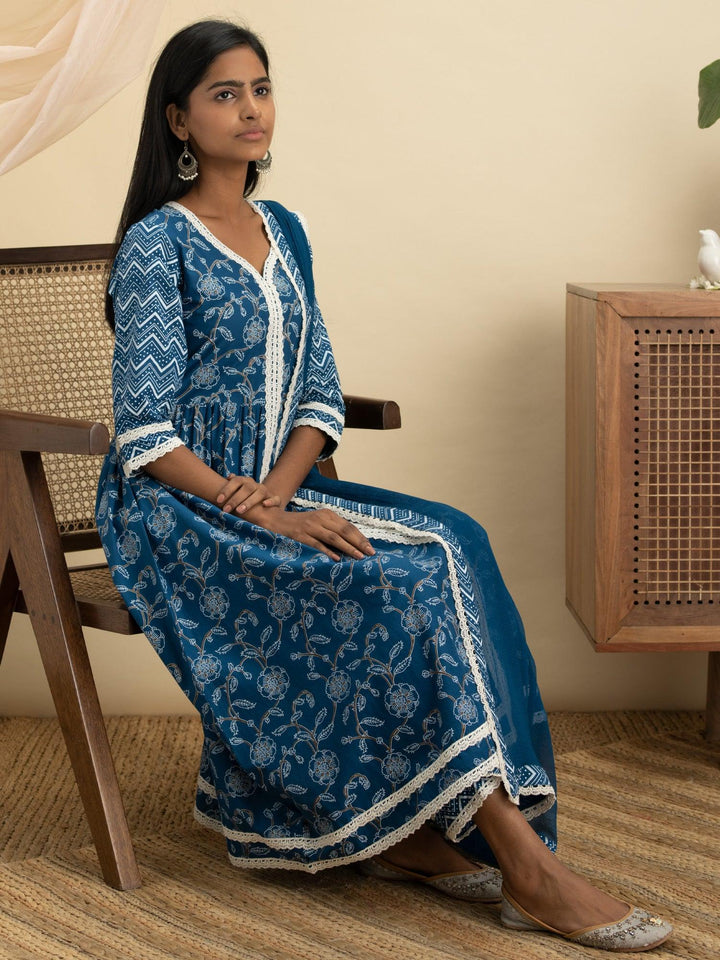 Blue Printed Cotton Suit Set