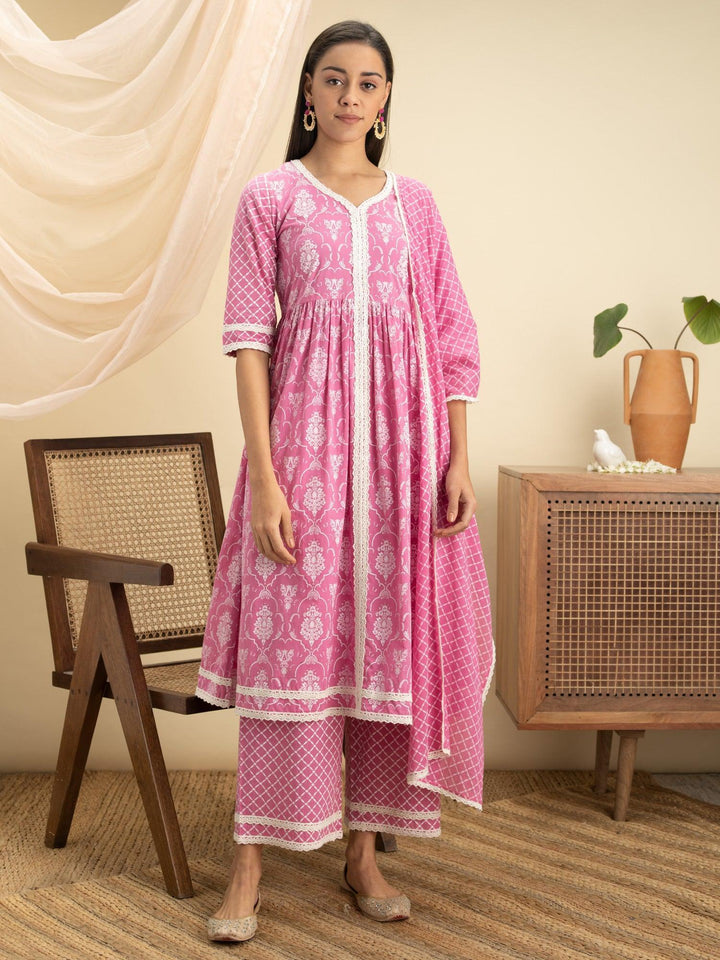Pink Printed Cotton Suit Set