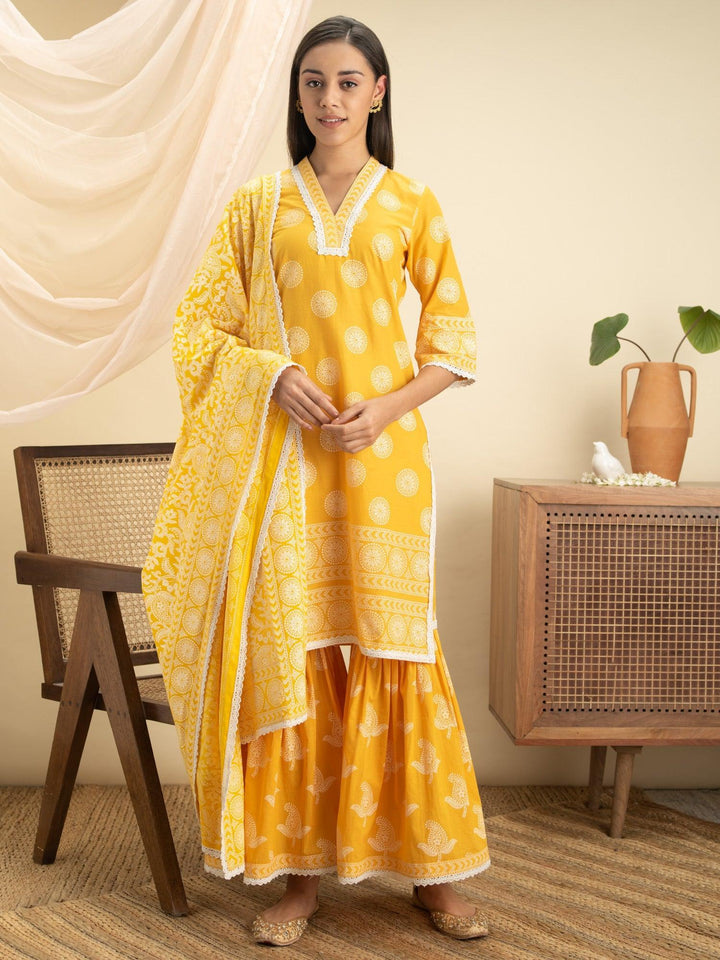 Yellow Printed Cotton Suit Set