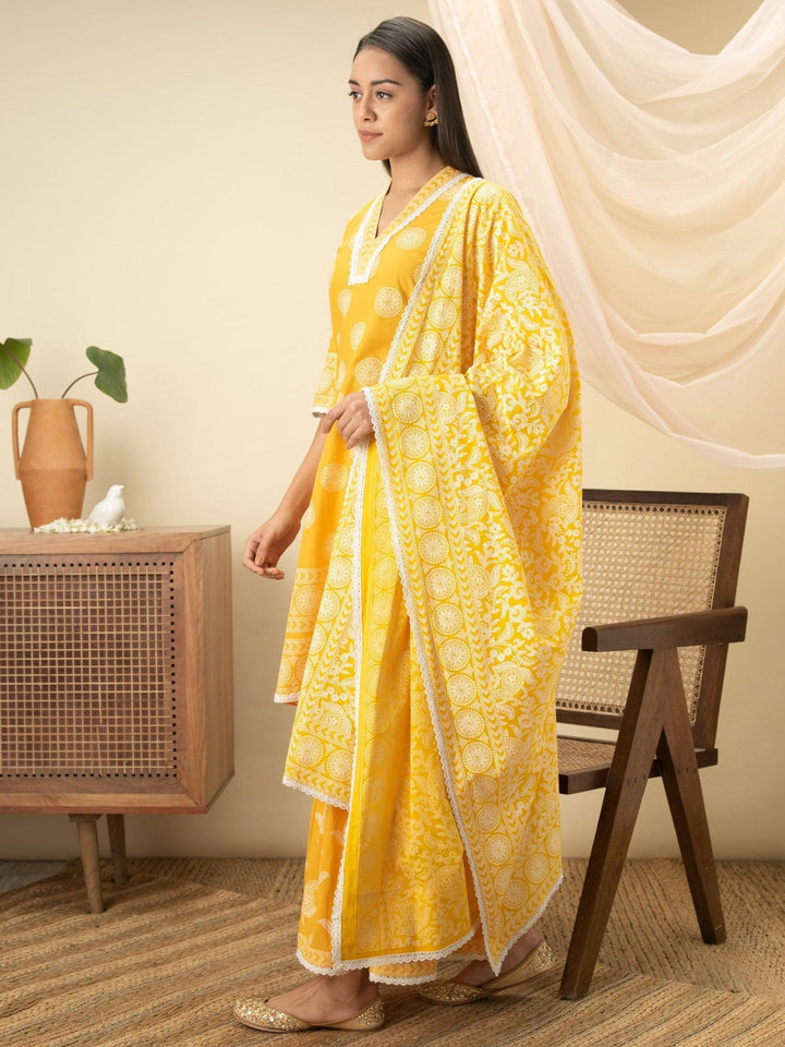 Yellow Printed Cotton Suit Set