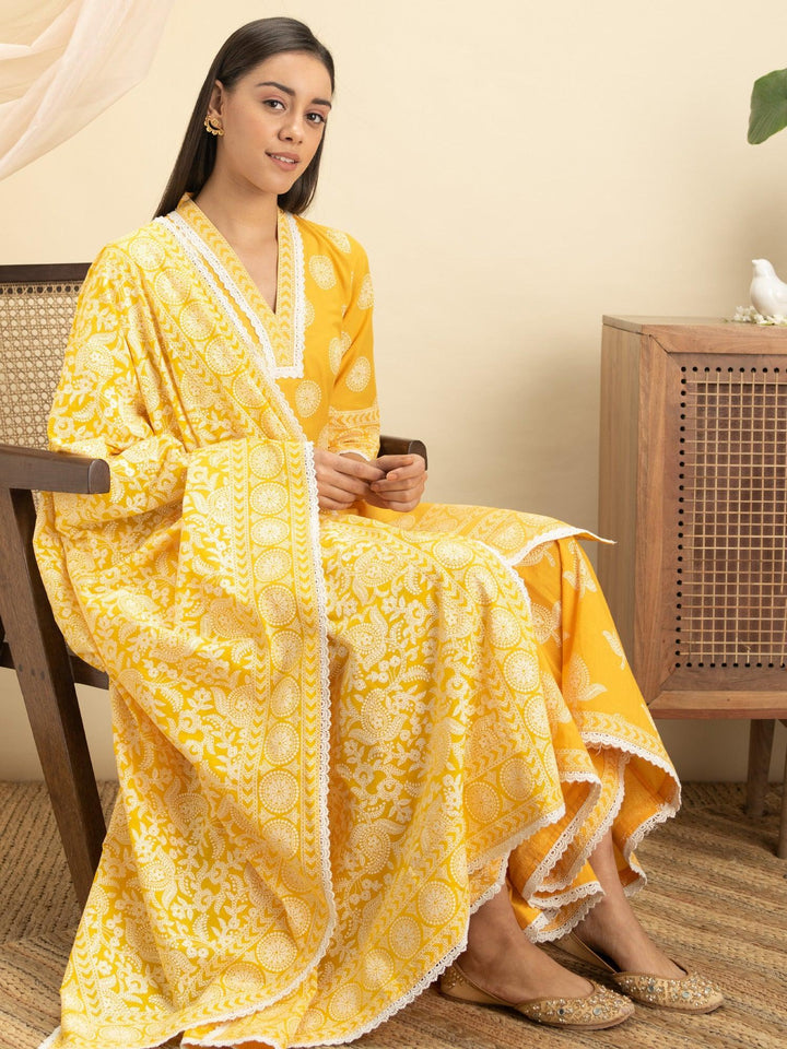 Yellow Printed Cotton Suit Set