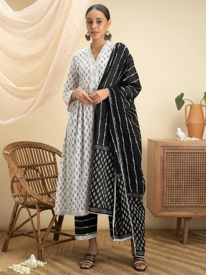 White Printed Cotton Suit Set