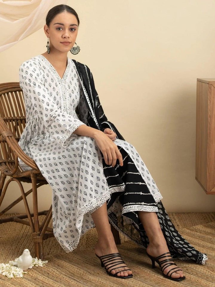 White Printed Cotton Suit Set