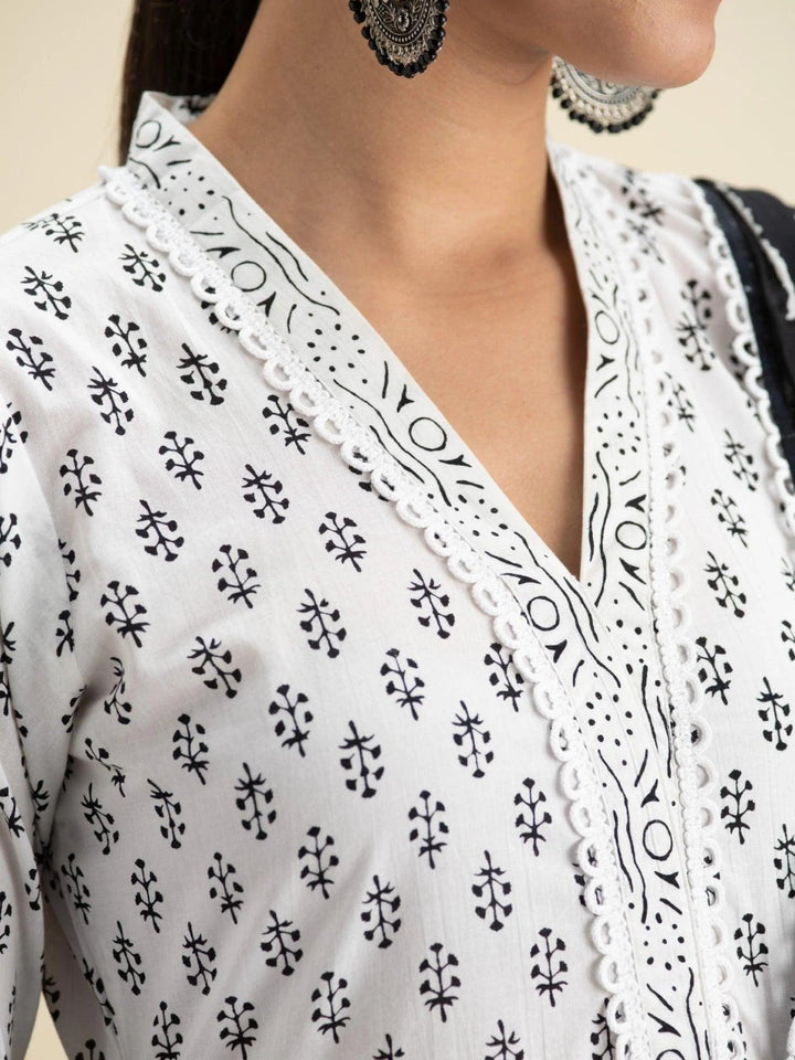 White Printed Cotton Suit Set