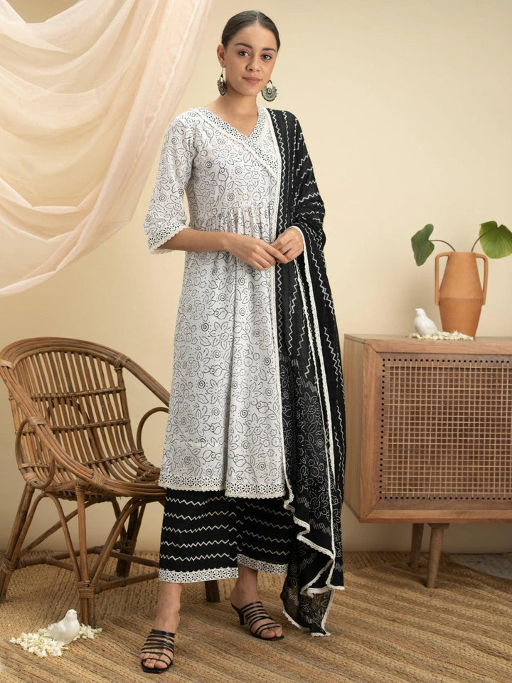 White Printed Cotton Suit Set