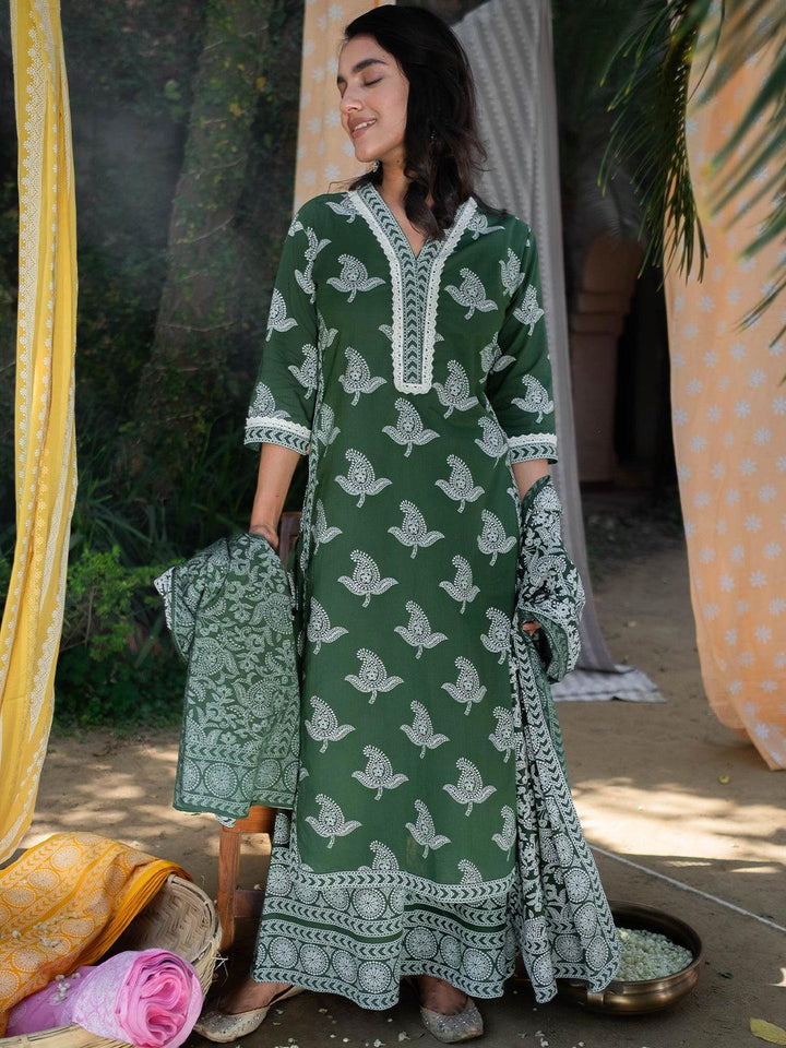 Green Printed Cotton Straight Suit Set