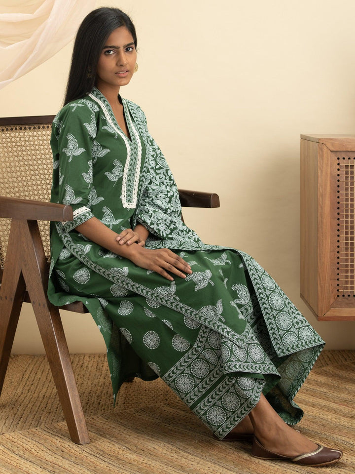 Green Printed Cotton Straight Suit Set