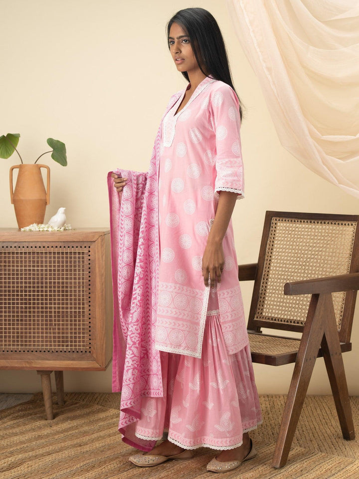 Pink Printed Cotton Straight Suit Set