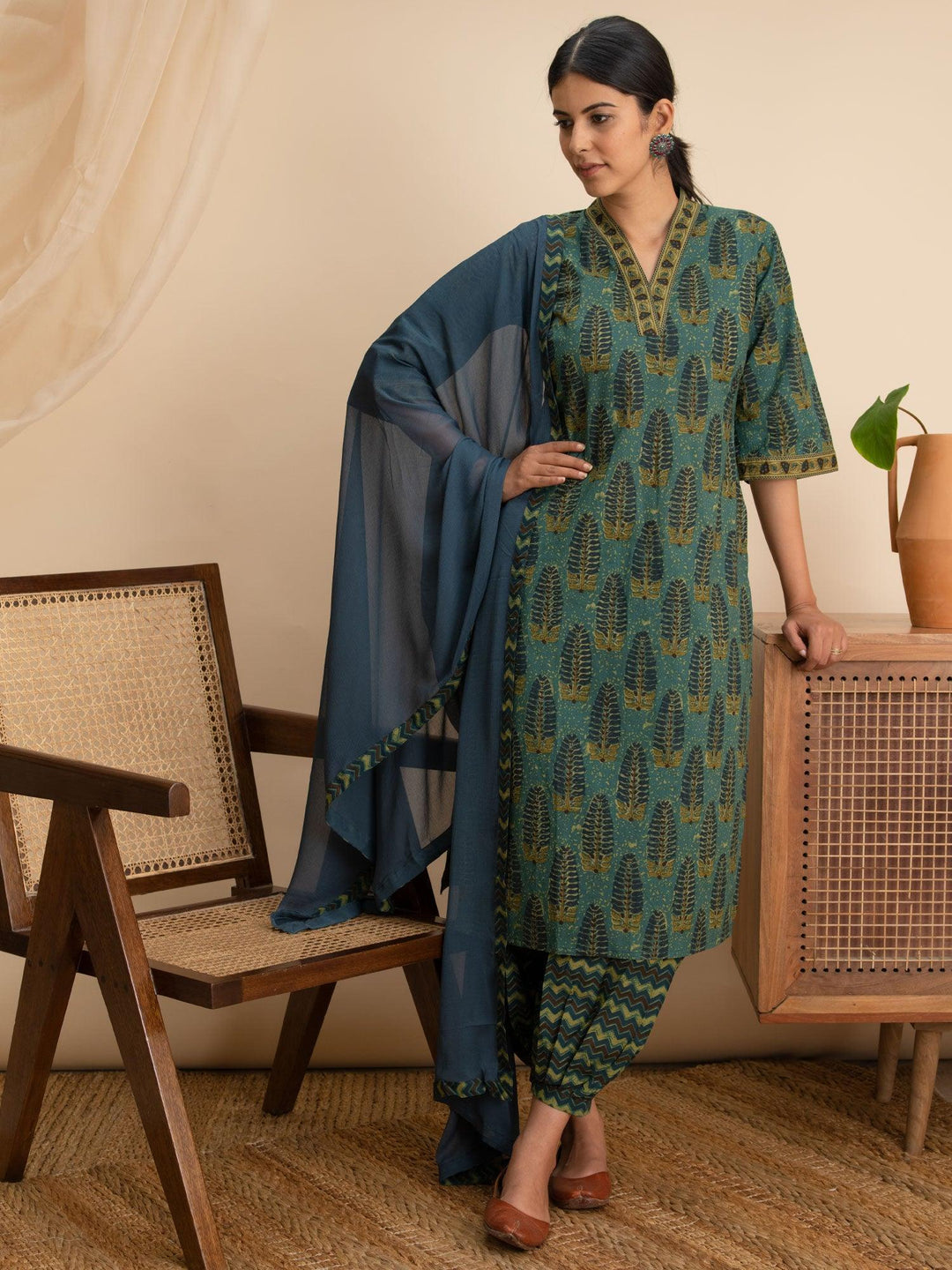 Green Printed Cotton Suit Set - ShopLibas