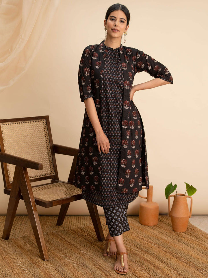Black Printed Cotton Kurta Set With Shrug