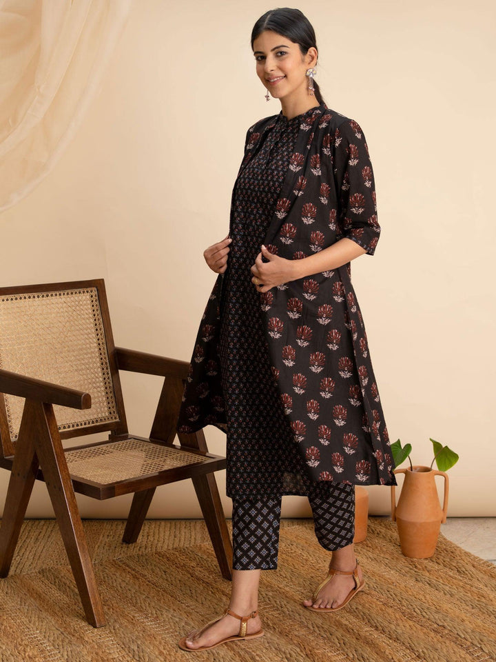 Black Printed Cotton Kurta Set With Shrug