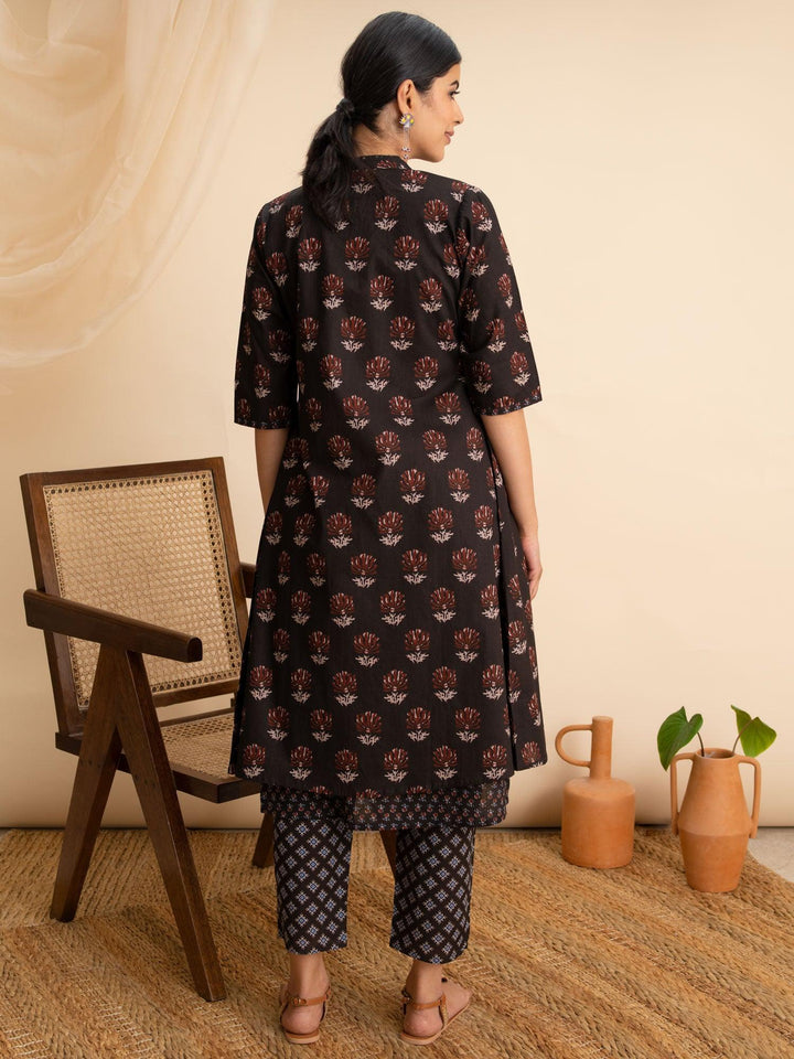 Black Printed Cotton Kurta Set With Shrug