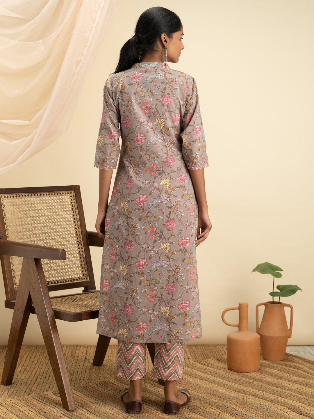 Grey Printed Cotton Kurta Set - ShopLibas