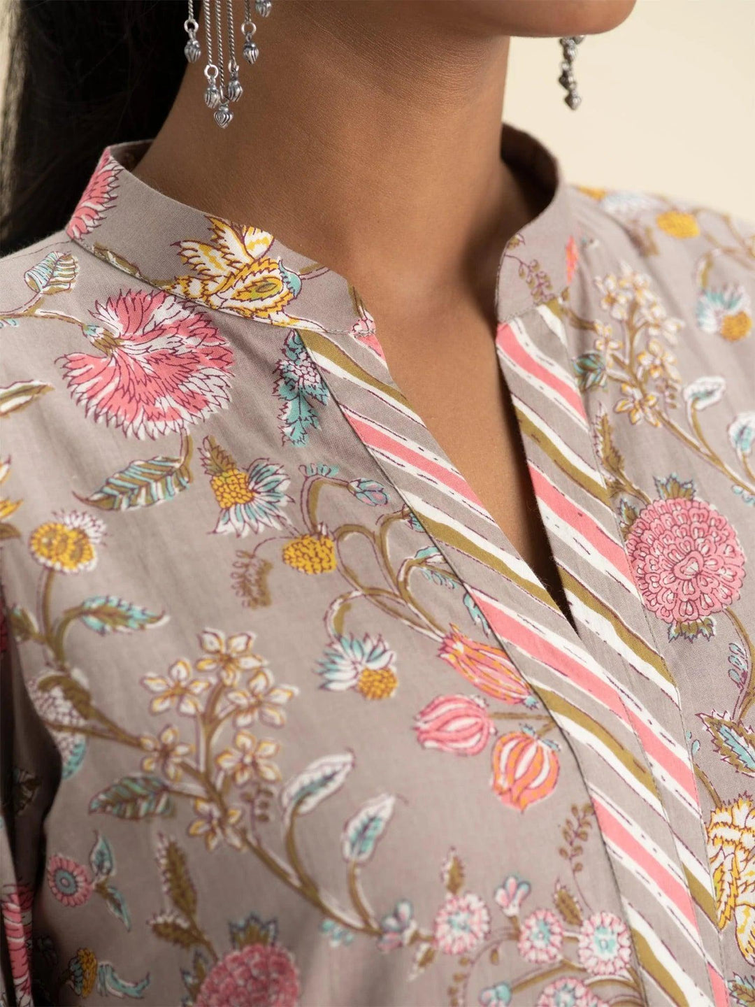 Grey Printed Cotton Kurta Set - ShopLibas