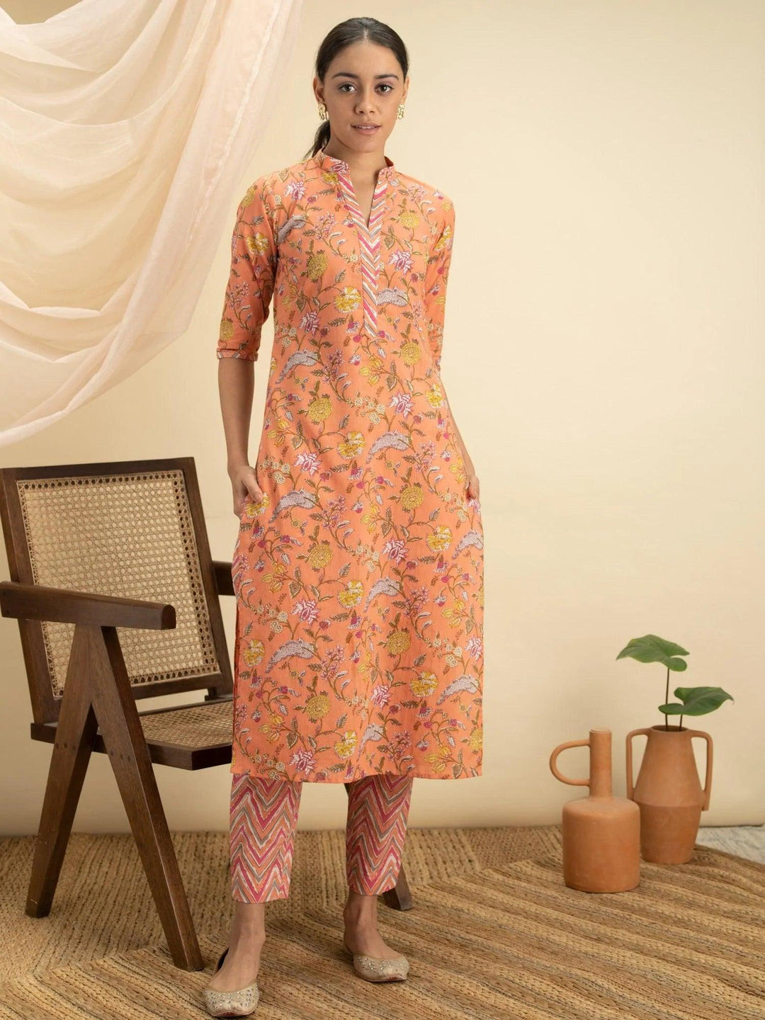 Orange Printed Cotton Kurta Set - ShopLibas