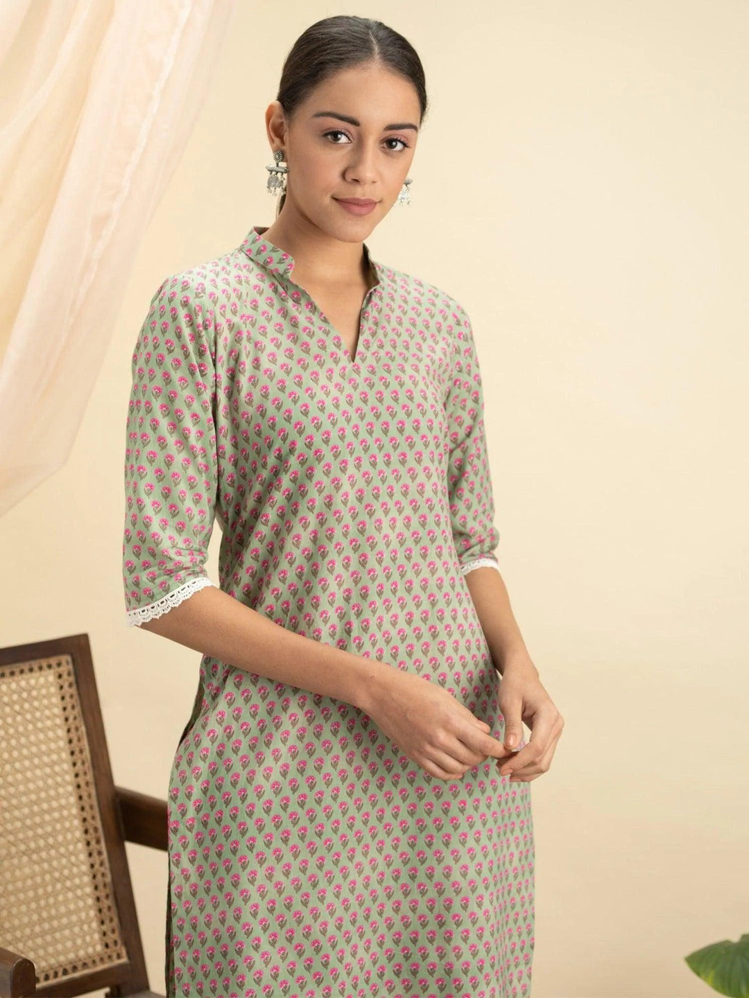 Green Printed Cotton Kurta Set - ShopLibas