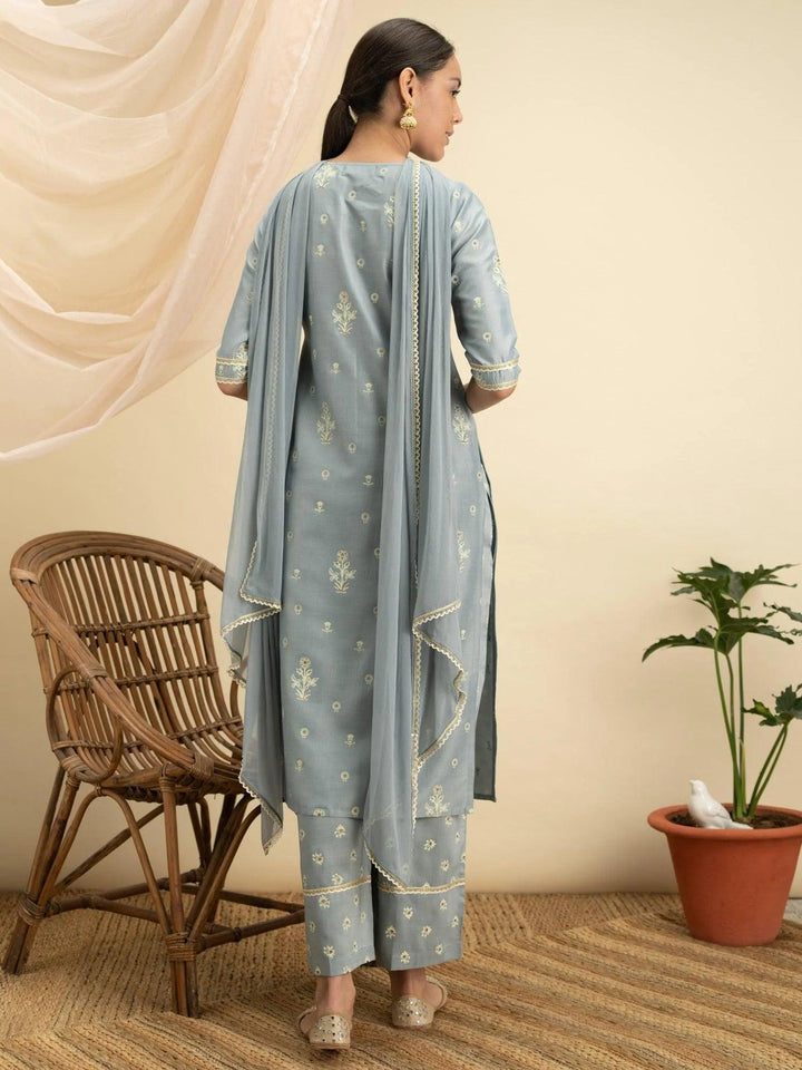 Grey Printed Silk Straight Suit Set