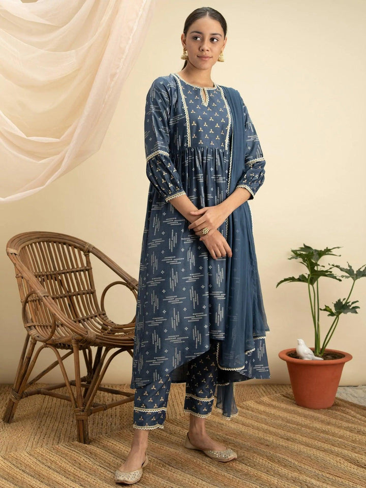 Blue Printed Silk A-Line Suit Set