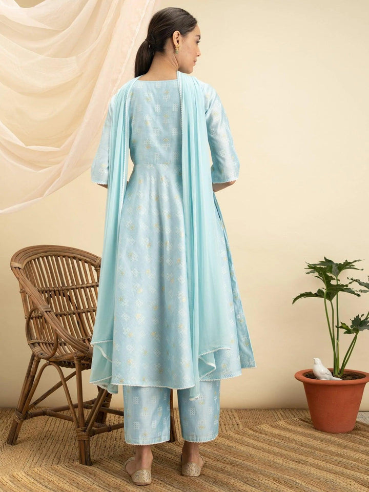 Blue Printed Chanderi Silk Suit Set