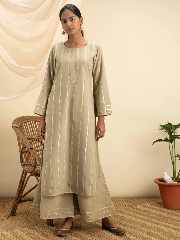 Olive Green Self Design Chanderi Silk Kurta Set