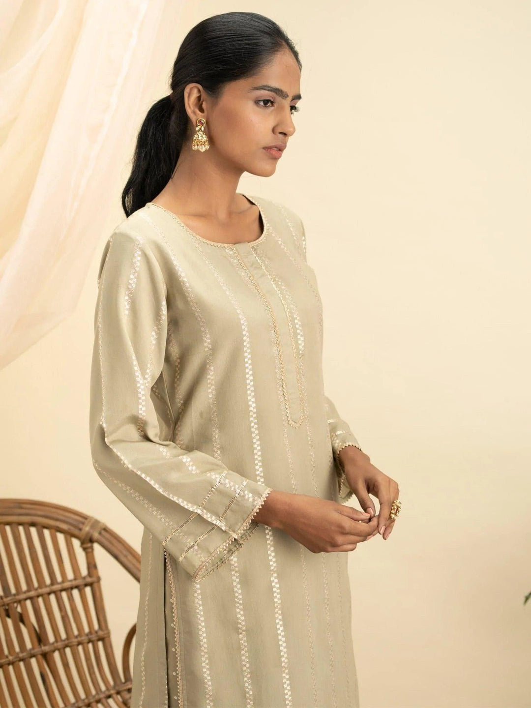 Olive Green Self Design Chanderi Silk Kurta Set - ShopLibas
