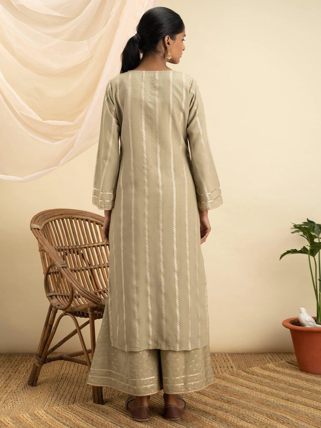 Olive Green Self Design Chanderi Silk Kurta Set - ShopLibas